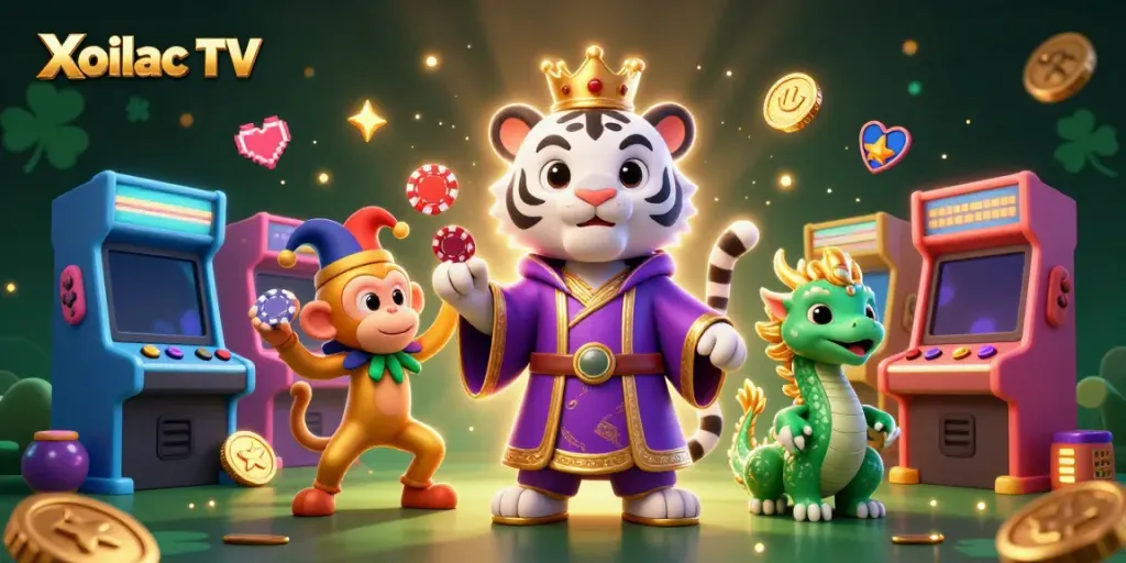 Xoilac TV features a vibrant 3D scene with a tiger, monkey, and dragon amidst glowing casino elements.