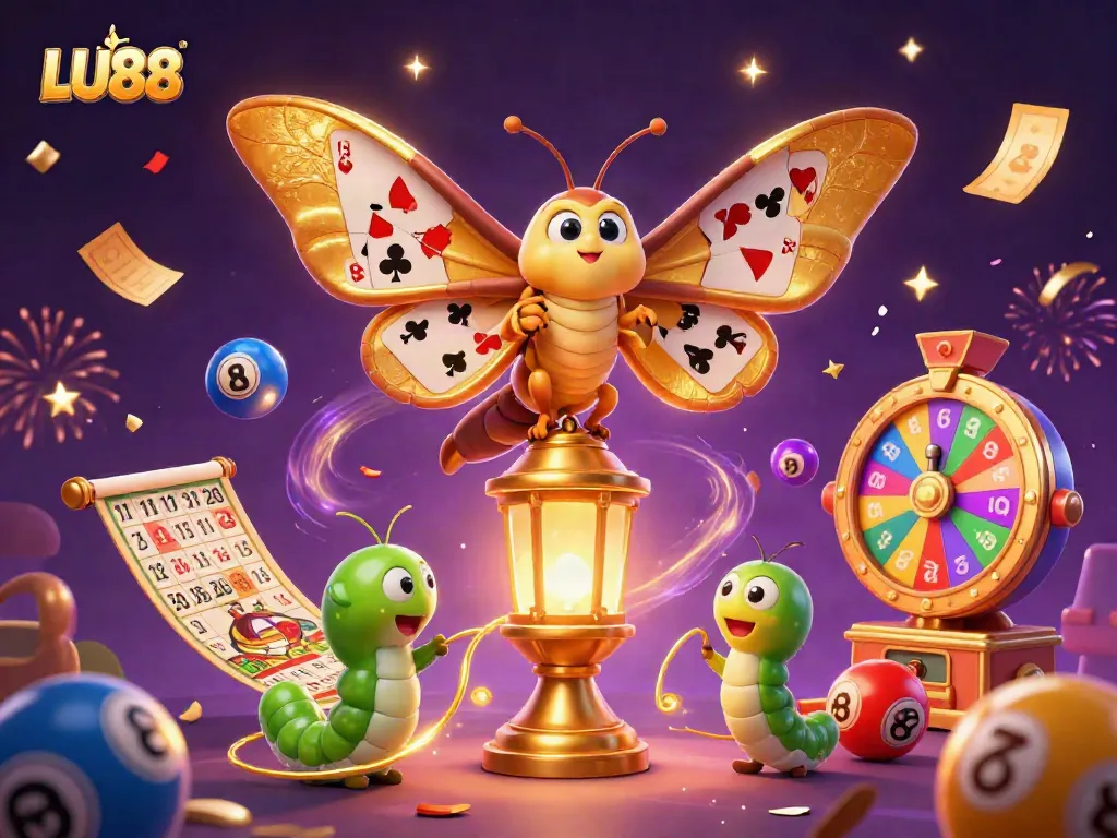 LU88 showcases thrilling casino excitement with a 3D moth and dynamic lottery elements.