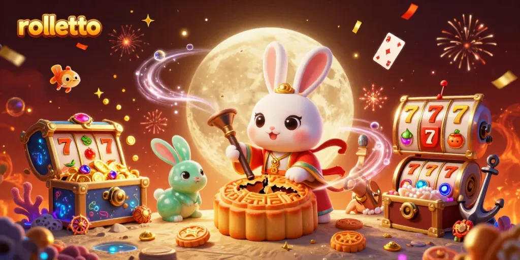 Experience rolletto’s excitement with a moon rabbit and hidden poker treasures in a vibrant casino scene.