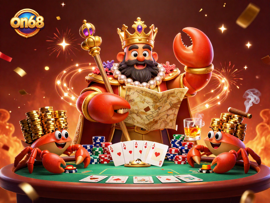 Experience the royal gaming adventure at on68 with a golden crab emperor amid poker excitement.
