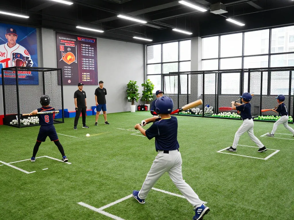 Hitclub baseball training facility with athletes practicing swings in a vibrant indoor setting.