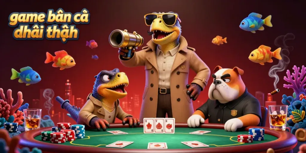Experience thrilling gameplay in the game bắn cá đổi thưởng as three raptors cleverly disguise themselves, surrounded by vibrant underwater themes and poker elements.