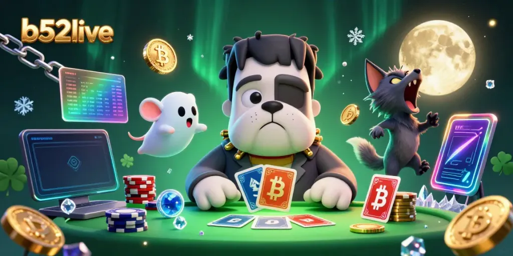 Engage in thrilling gameplay at b52live with a cartoon bulldog dealer and vibrant casino elements.