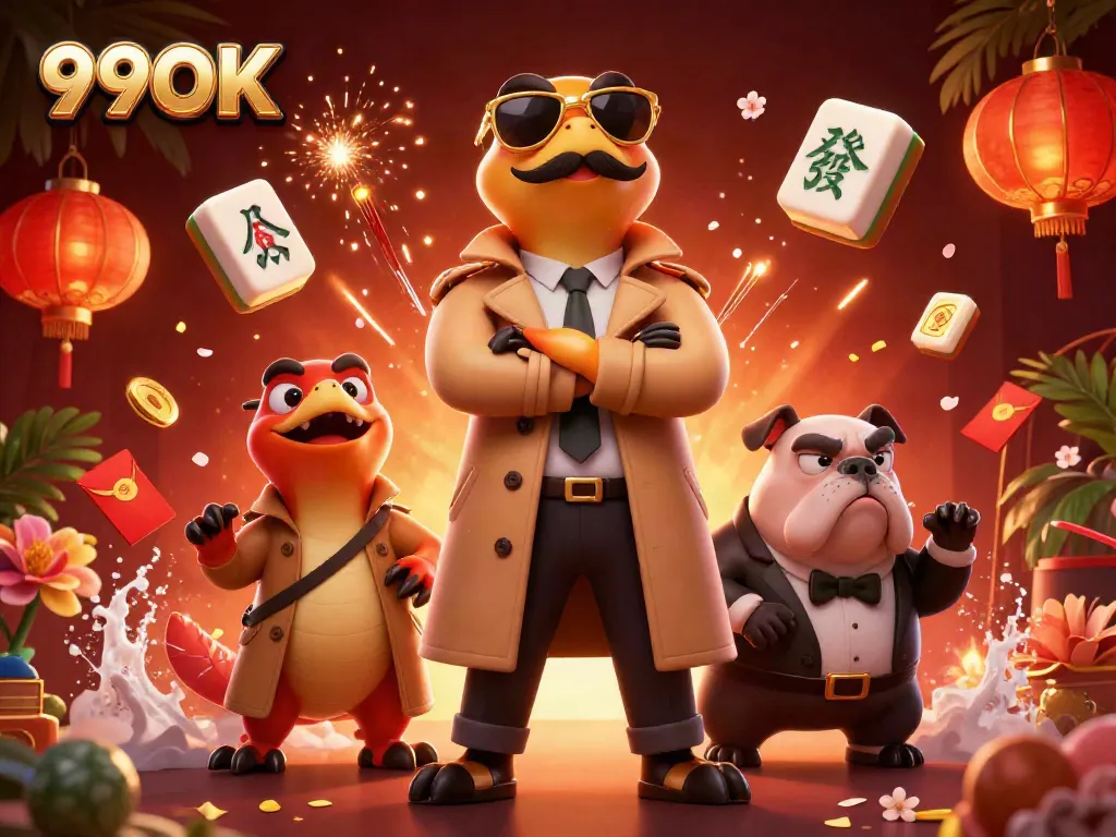 Three raptors in a trench coat attempt to sneak into a VIP casino lounge, surrounded by festive elements, alluding to 99OK.
