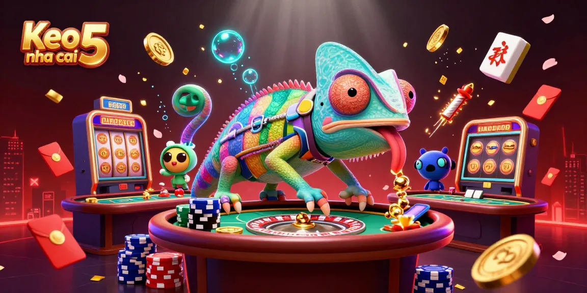 Play with vibrant elements of Keo nha cai 5, featuring a colorful chameleon casino owner in action.