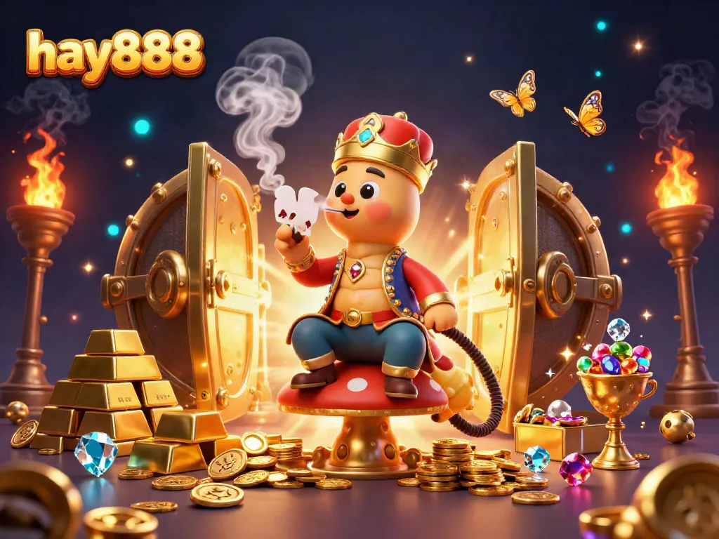 Experience the allure of hay888 with a vibrant 3D illustration of a sultan caterpillar, poker symbols, and treasures.