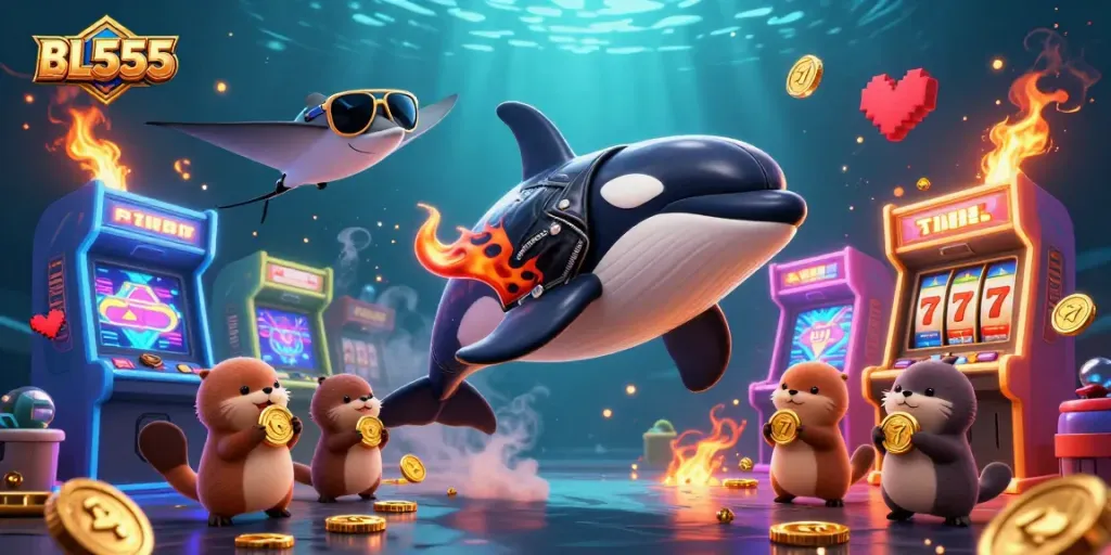 Experience the thrill of BL555 with a vibrant underwater casino scene featuring a jumping orca and playful sea otters.