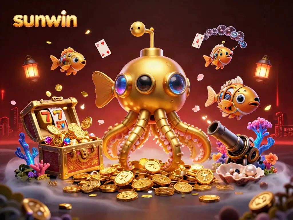 Venture into a golden sea with sunwin slots and 3D kraken submarine, enriched with treasures and vibrant casino elements.