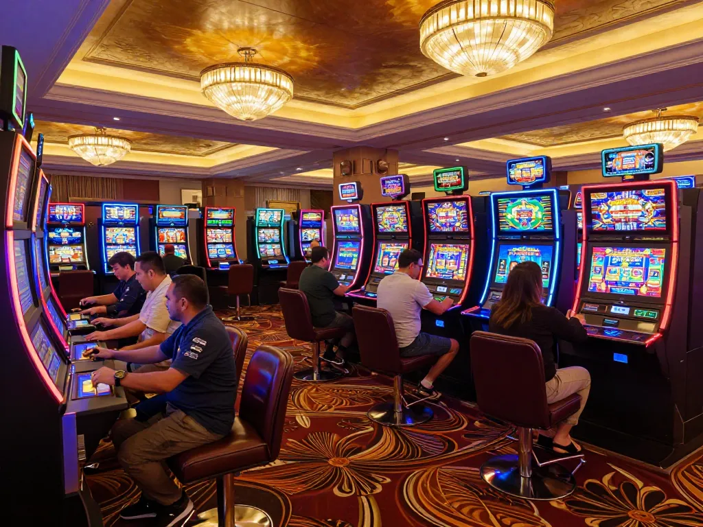 C168 players enjoying vibrant slot machines on an upscale casino floor, showcasing dynamic gameplay.