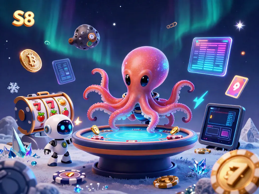 Engage in S8-themed slots with alien octopus, crypto coins, and vibrant cosmic background.