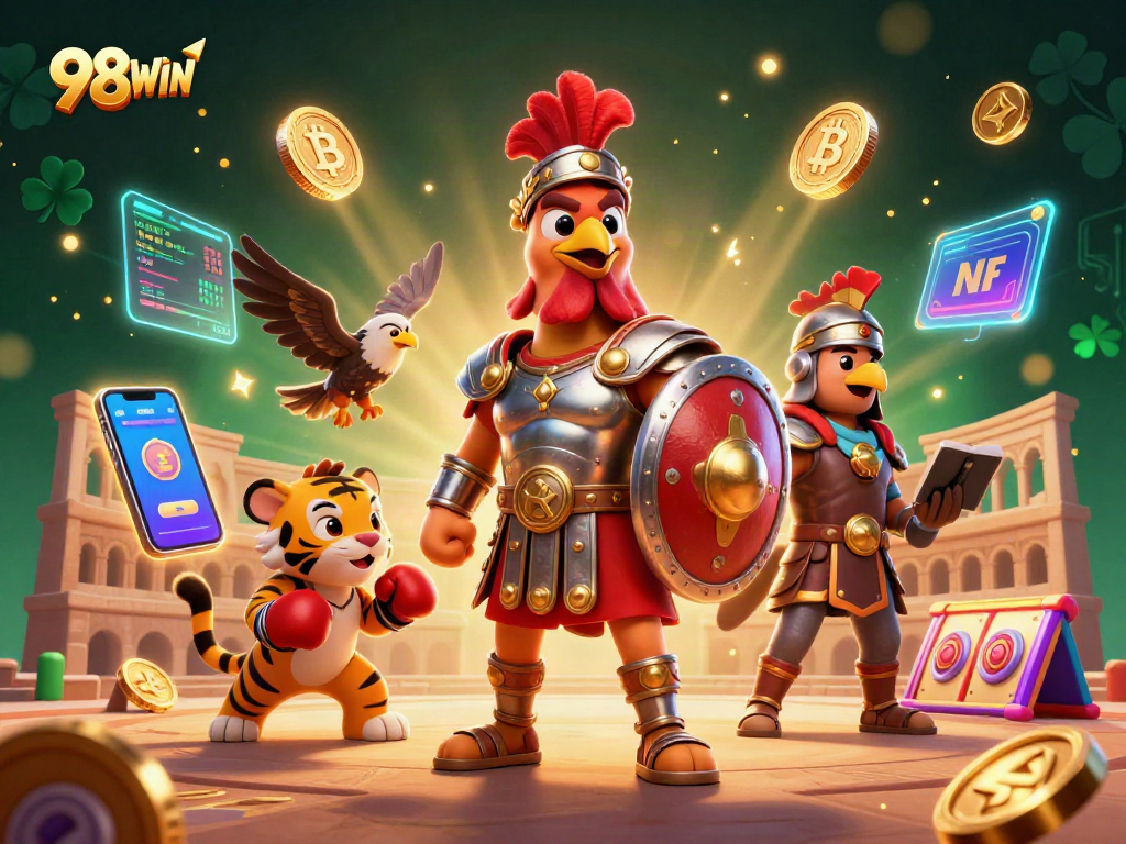 Engage in epic gambling adventures with 98WIN featuring a rooster champion, tiger cub boxers, and cryptocurrency thrills.