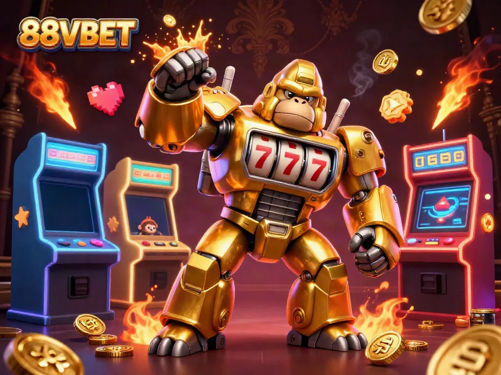 Experience thrilling slots action at 88VBET with a dynamic golden gorilla mech and vibrant arcade elements