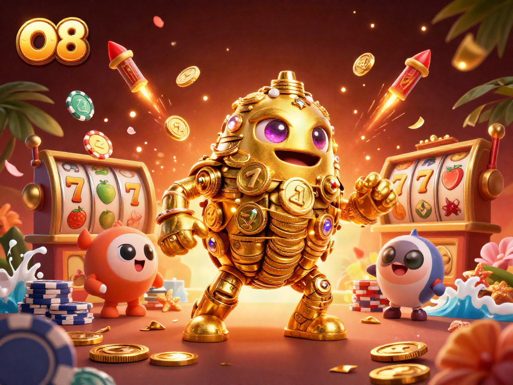 Spin the slots with O8 in this vibrant, animated casino scene featuring gold golem and dynamic elements.