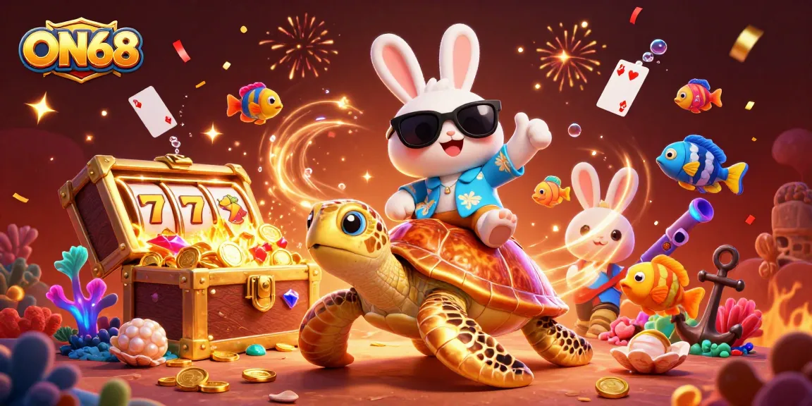 Join the fortune hunt at ON68 with the lucky rabbit and golden turtle in a vibrant casino scene.