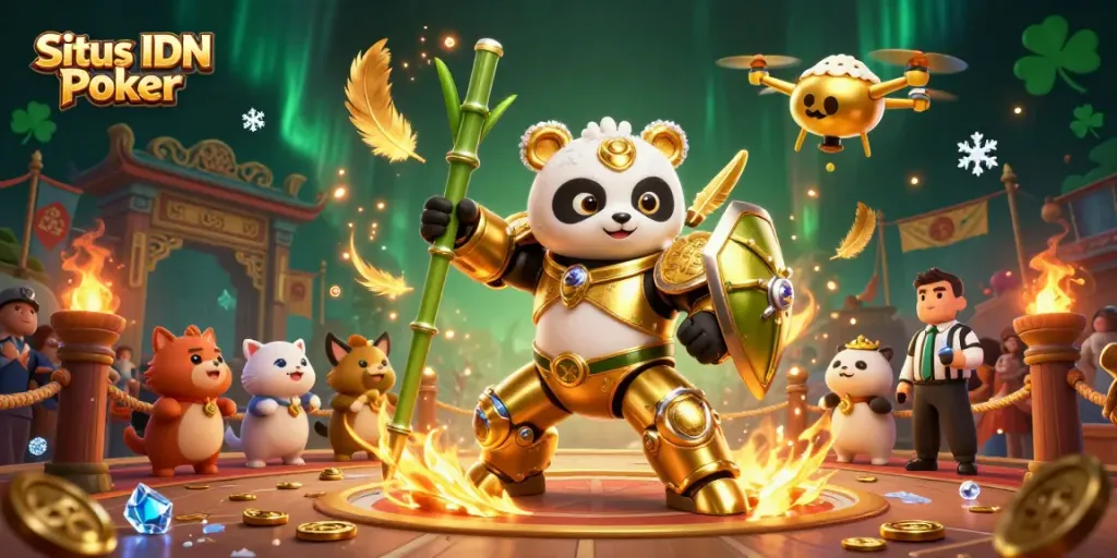 Experience the excitement of Situs IDN Poker in a vibrant 3D casino arena with dynamic characters and action.