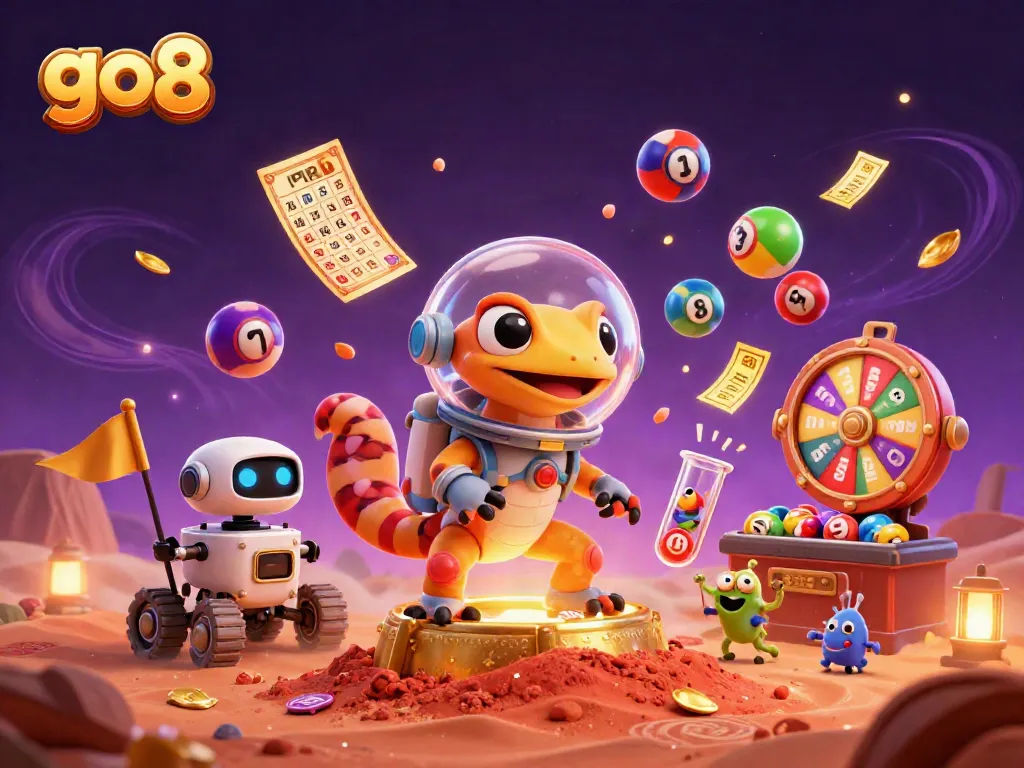 Experience thrilling gaming action at go8 with vibrant lottery balls and a unique Martian gecko.