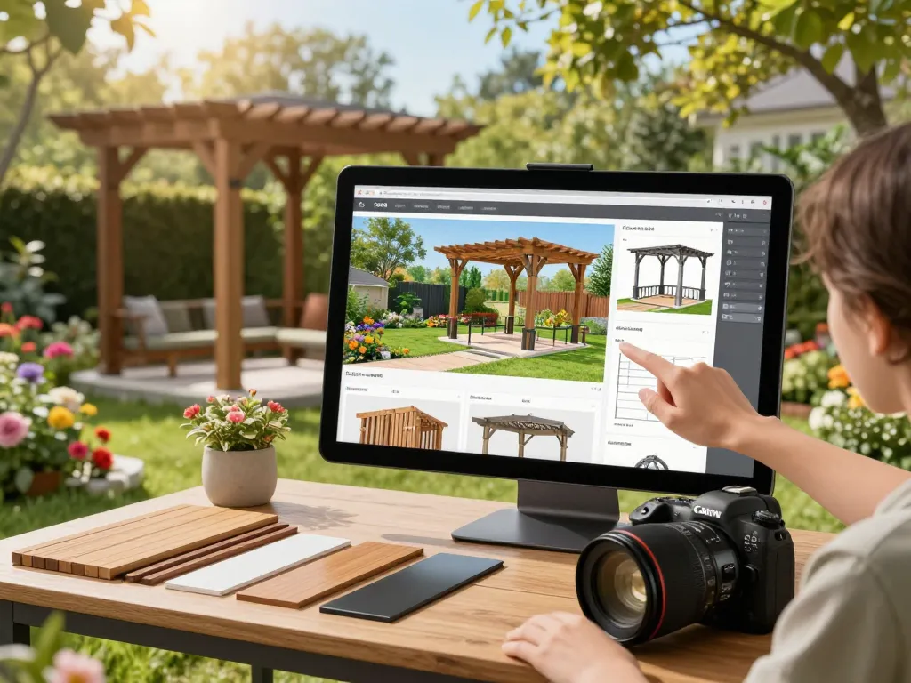 Moment engageant avec le configurateur pergola 3D, arrière-plan de jardin vibrant, designer utilisant un écran tactile interactif pour des designs personnalisés.