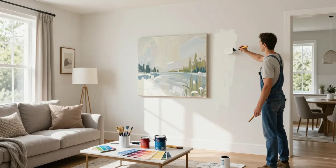 Professional lincoln painter skillfully transforming a living room with fresh paint and decor.