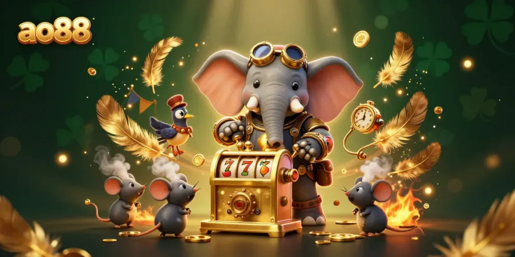 Spin the golden slot machine at ao88 with the steampunk elephant engineer and vibrant casino elements.