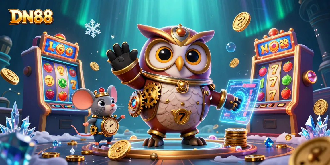 Spin to win big with DN88's animated slot machines and time-traveling characters in a vibrant casino scene.