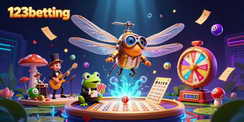 Experience 123betting with a vibrant fantasy casino scene featuring a dragonfly pilot and frog dealer amidst lottery excitement.
