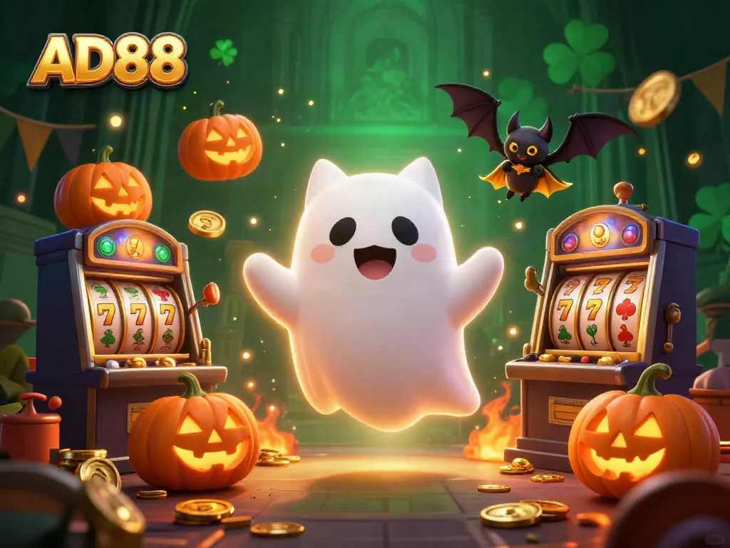 Engage with AD88's thrilling casino experience featuring a friendly ghost cat and vampire bat amidst slot reels.