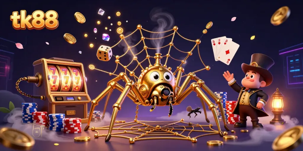 Engaging visual of tk88 with playful golden spider weaving a web of casino elements, showcasing luck.