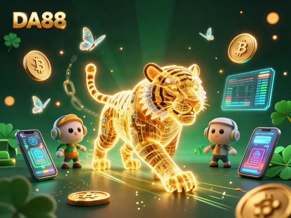 Engage with DA88 in a vibrant digital casino scene filled with neon crypto elements.
