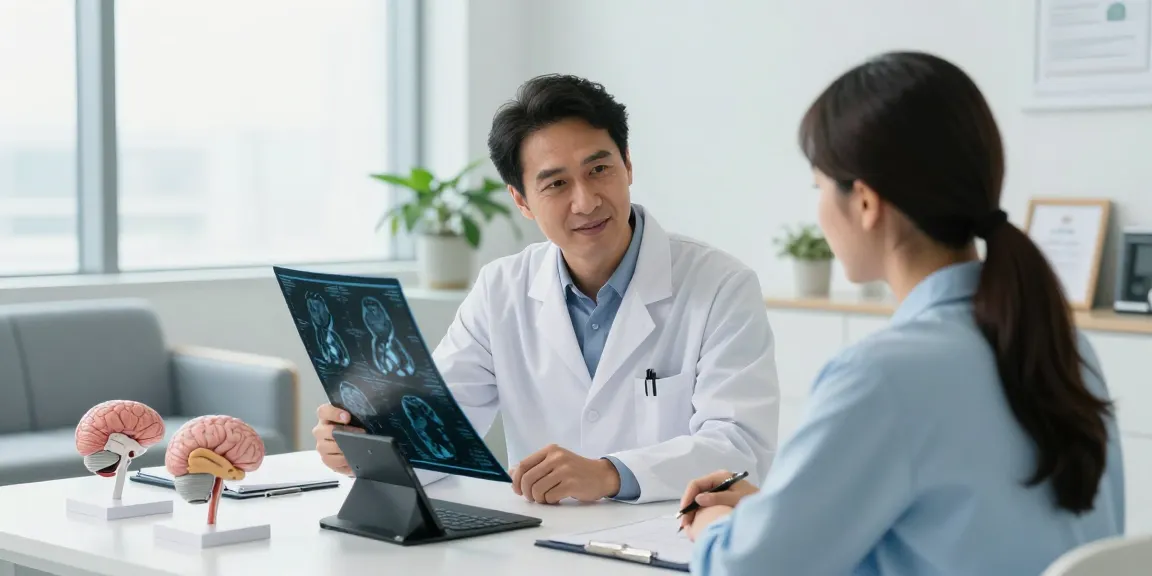 Neurosurgeon in Abu Dhabi reviewing MRI scans with a patient, showcasing advanced medical care.