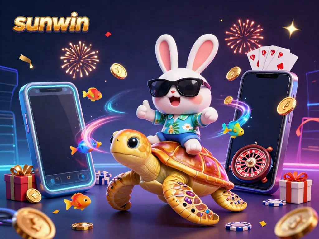 Experience exciting luck with sunwin as a rabbit enjoys a colorful casino adventure.