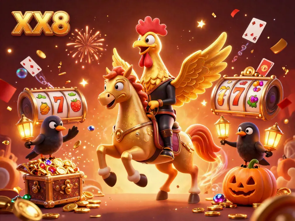 Experience the thrilling XX8 casino action with a golden rooster and spinning slots, celebrating big wins.