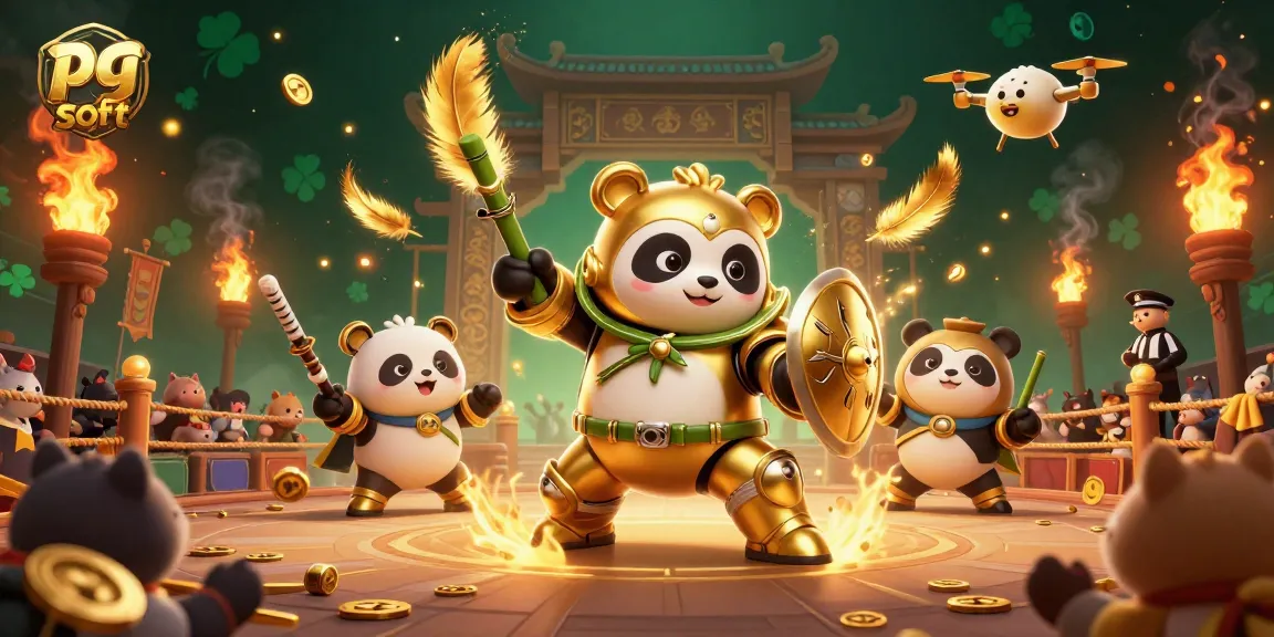 Engage with pg soft gaming excitement through a vibrant 3D illustration of a panda mech in action.