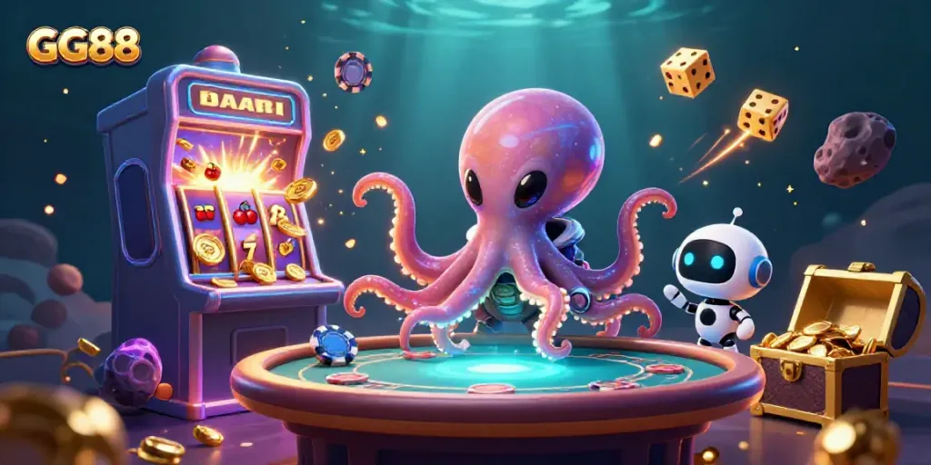 Experience the excitement of GG88 with a vibrant 3D casino scene featuring an alien octopus at a holographic poker table.