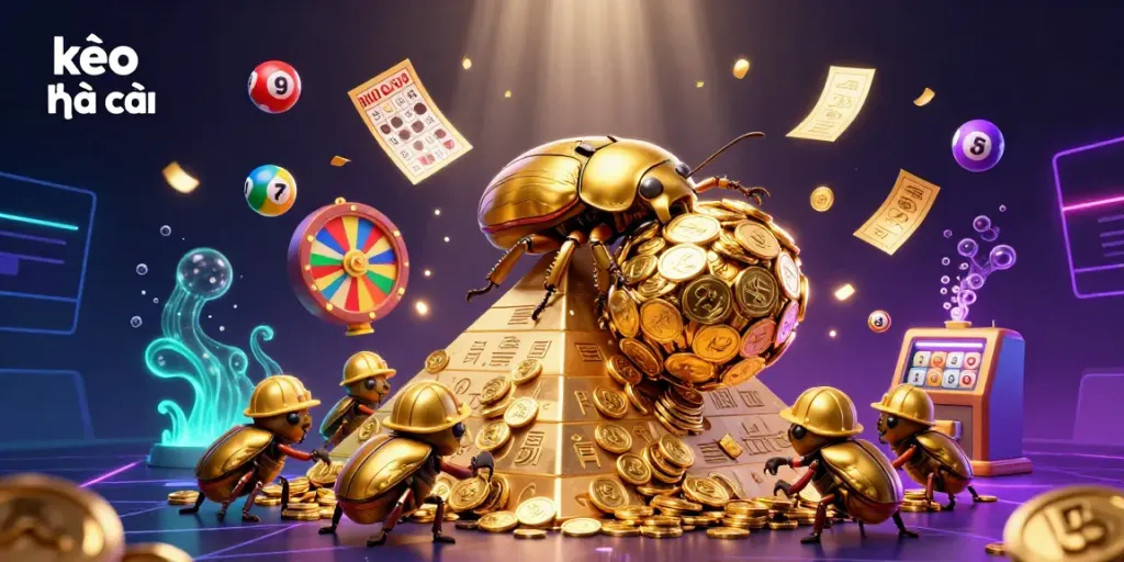 Engaging scene of kèo nhà cái featuring a golden dung beetle and lucky lottery elements.