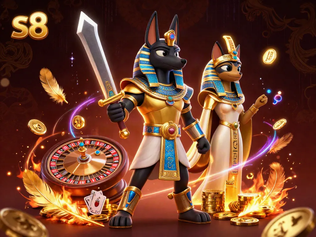 Engage with the lively s8 casino scene showing Anubis and Bastet amidst golden treasures and glowing symbols.