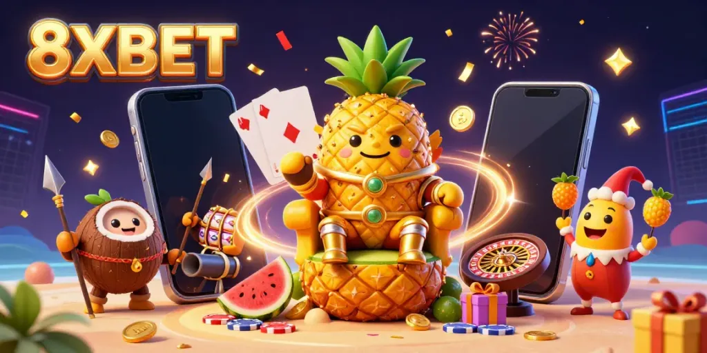 Engage with 8XBET's lively gaming experience, featuring characters in a dynamic casino scene with vibrant elements.