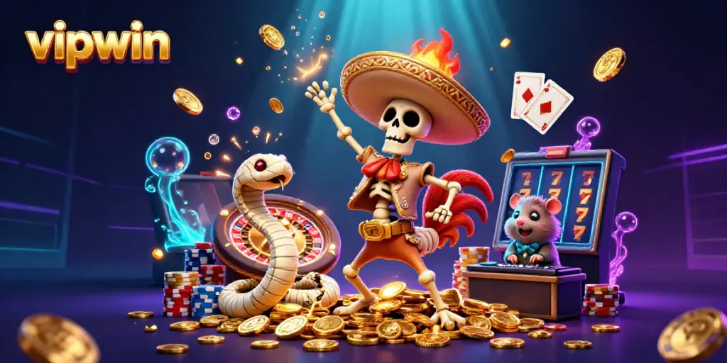 Experience the excitement of vipwin with this lively 3D casino scene featuring vibrant characters and rich game elements.