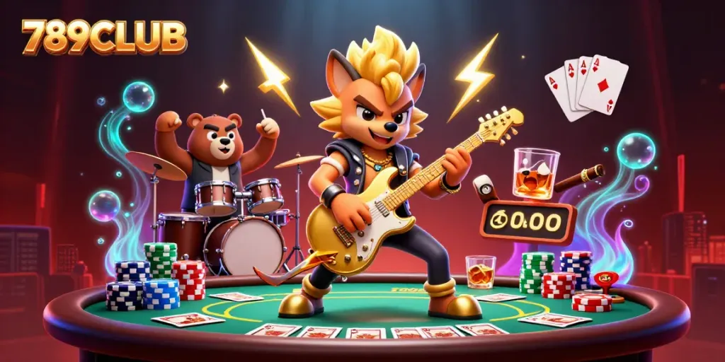 Experience the vibrant energy of 789CLUB with a rock star wolf and drummer bear on stage, surrounded by poker action.