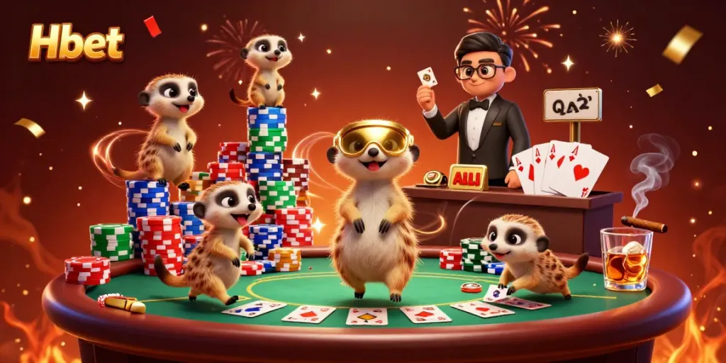 Meerkats engaging in an Hbet casino scene, showcasing poker chips, cards, and dynamic action.