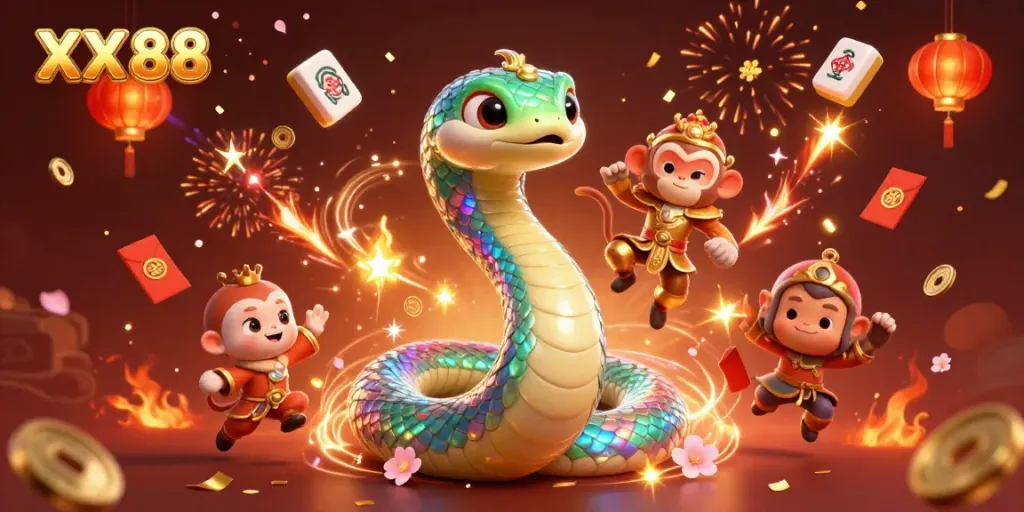Play games at XX 88 with vibrant visuals showcasing a rainbow serpent and monkey king.