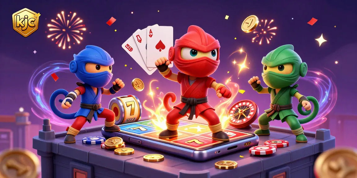 KJC team of ninja chameleons performs martial arts in a vibrant casino atmosphere, claiming prizes.