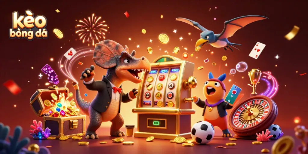 This vibrant scene captures kèo bóng đá with a dinosaur triggering a jackpot, amidst dynamic sports betting elements.