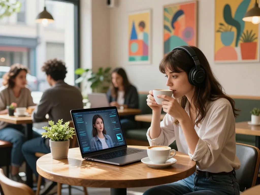 Dynamic scene of a young woman chatting with her AI girlfriend in a trendy café, highlighting the modern relationship experience.