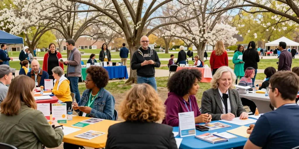 Community members exploring IDEALIST values at a vibrant park event.