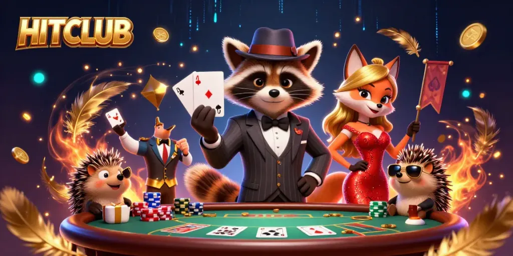 Hitclub scene featuring a raccoon in a suit winning at poker, surrounded by vibrant casino elements.