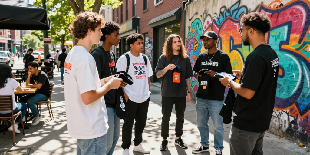 Young adults interacting in vibrant streetwear showcasing rokok88 merchandise in an urban setting.