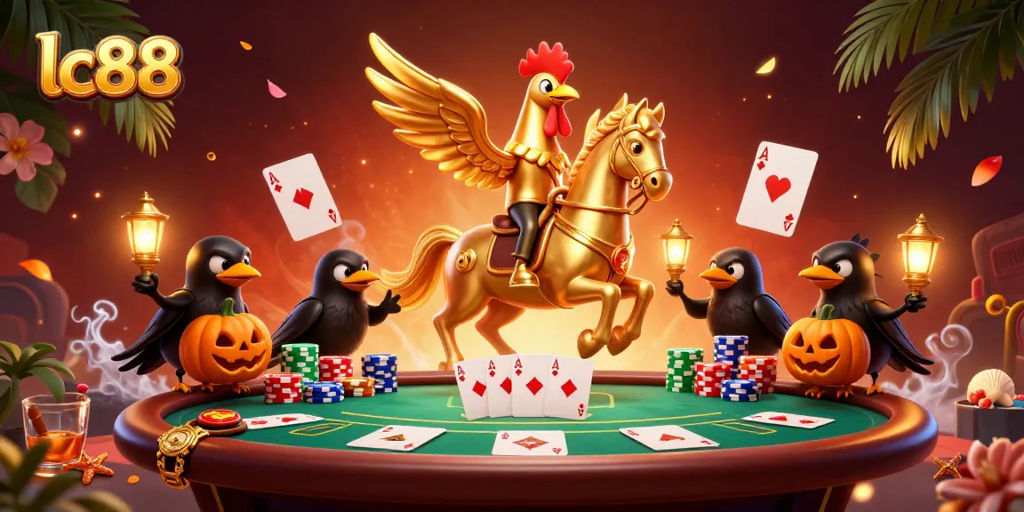 Experience the thrill at lc88 casino with a golden rooster navigating a midnight poker scene.