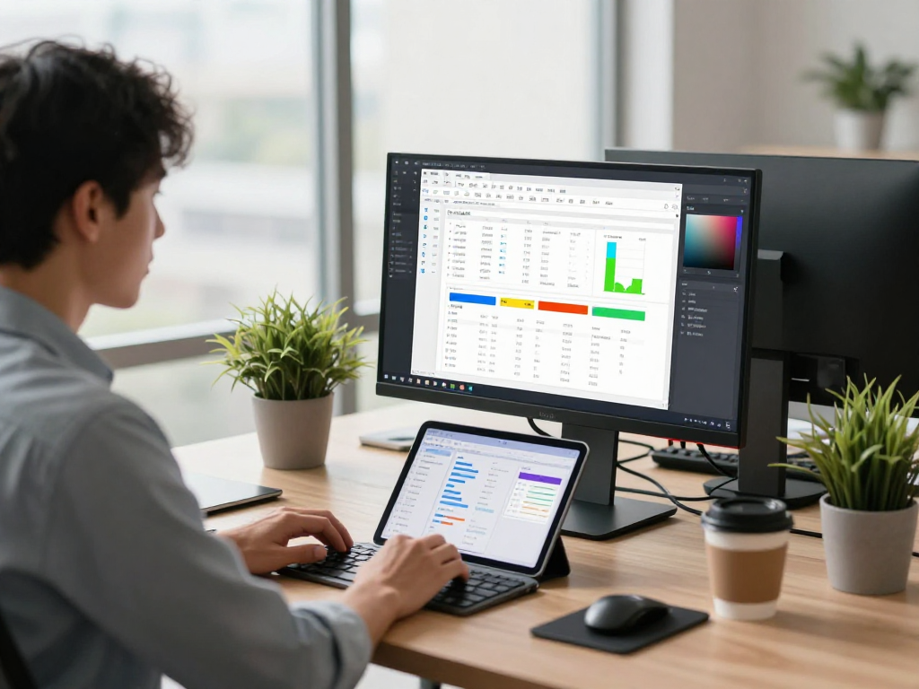 使用WPS Office下载的现代化办公空间，包含显示图表和项目管理工具的计算机，营造出高效工作氛围。