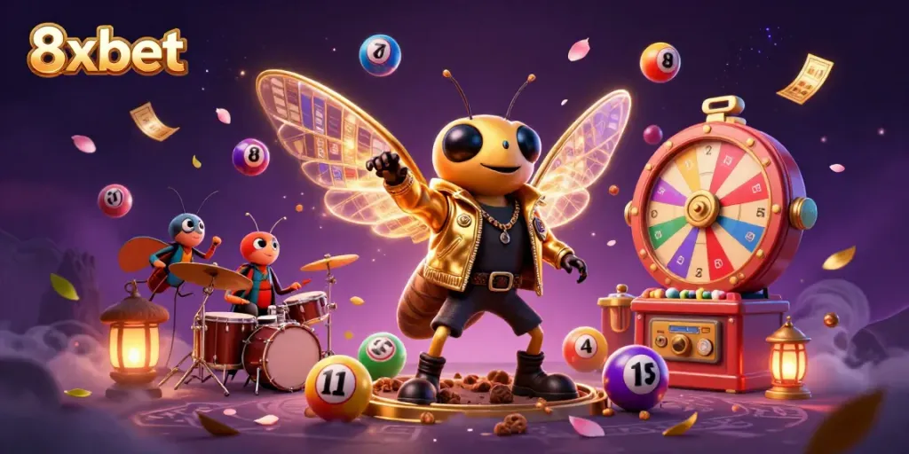 Experience the dynamic excitement of 8xbet with a colorful 3D illustration of cartoon characters in a gambling scene.