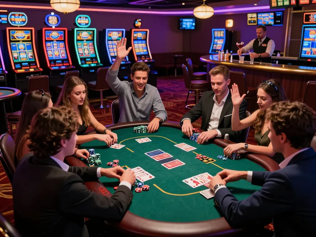Friends enjoying a thrilling poker game at a vibrant fabet casino